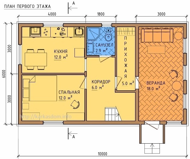 План первого этажа каркасного дома 6х10м 105м