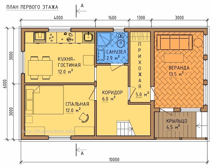 План каркасного дома 6х10м 102м/кв, стандартный вариант.