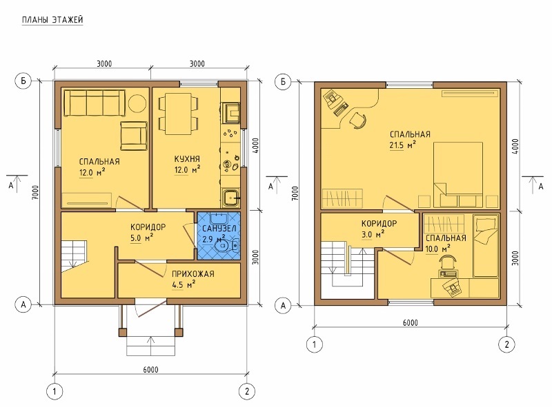 План первого и второго этажа каркасного дома 6х7м 84м