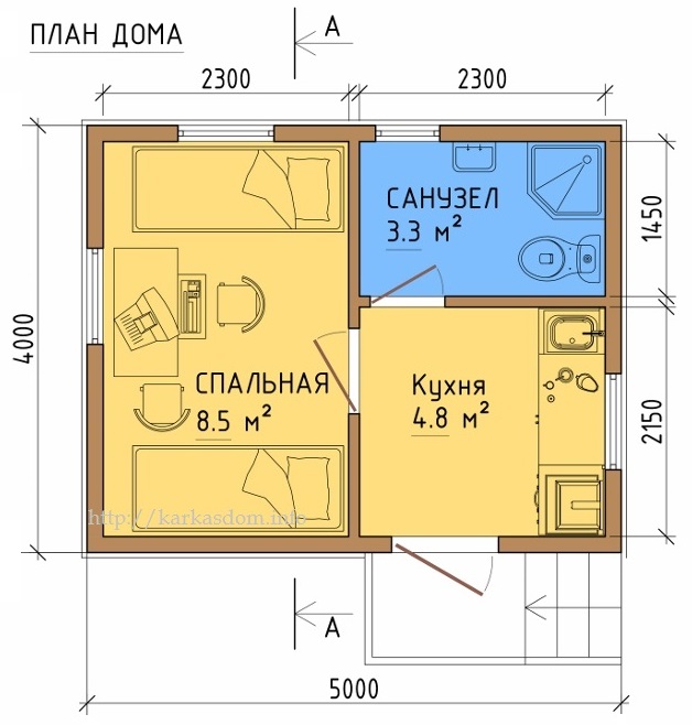 План каркасного дома 4х5м 20м/кв, стандартный вариант.