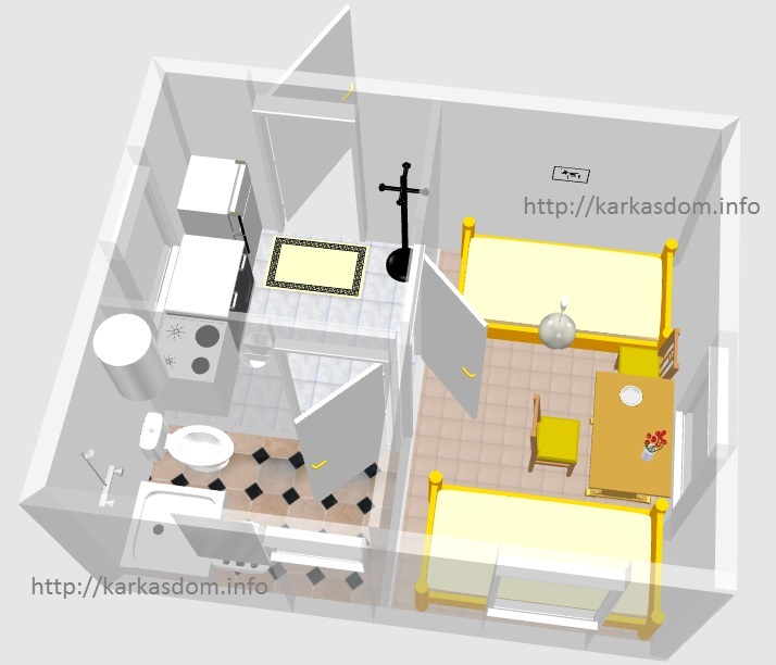 План каркасного дома 4х5м 20м/кв, вариант в 3D