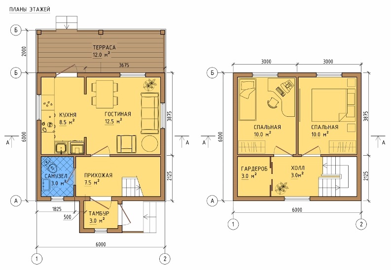 План каркасного дома 6х8м 84м/кв, стандартный вариант.