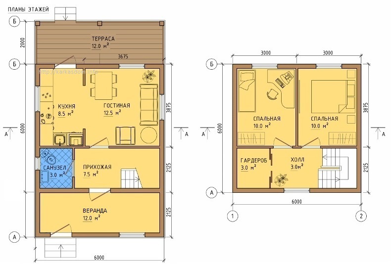 План каркасного дома 6х10м 96м/кв, стандартный вариант.