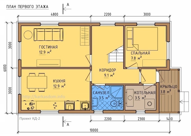 План первого этажа каркасного дома 6х10,5м 121м