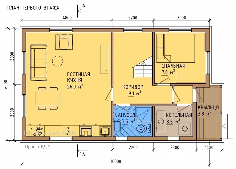 План первого этажа каркасного дома 6х10,5м 121м/кв Кухня/гостиная