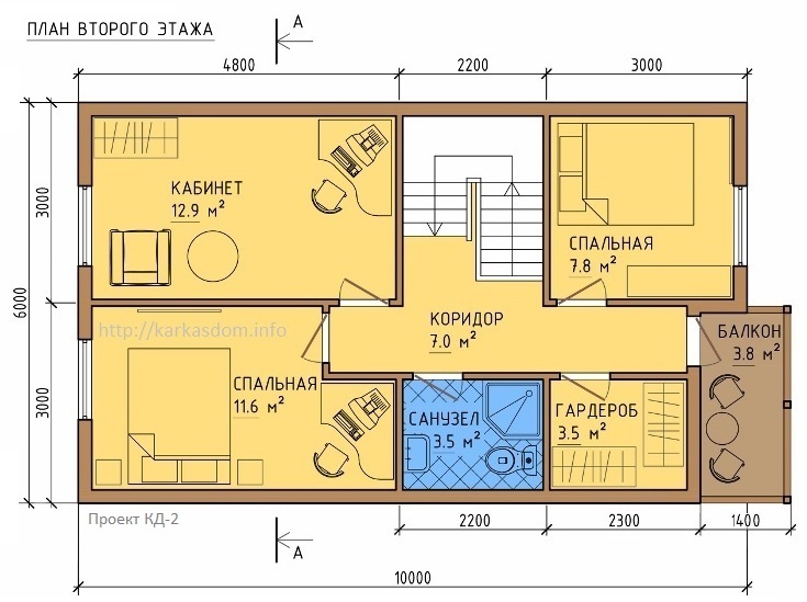 План второго этажа каркасного дома 6х10,5м 121м/кв, Вид в 3D