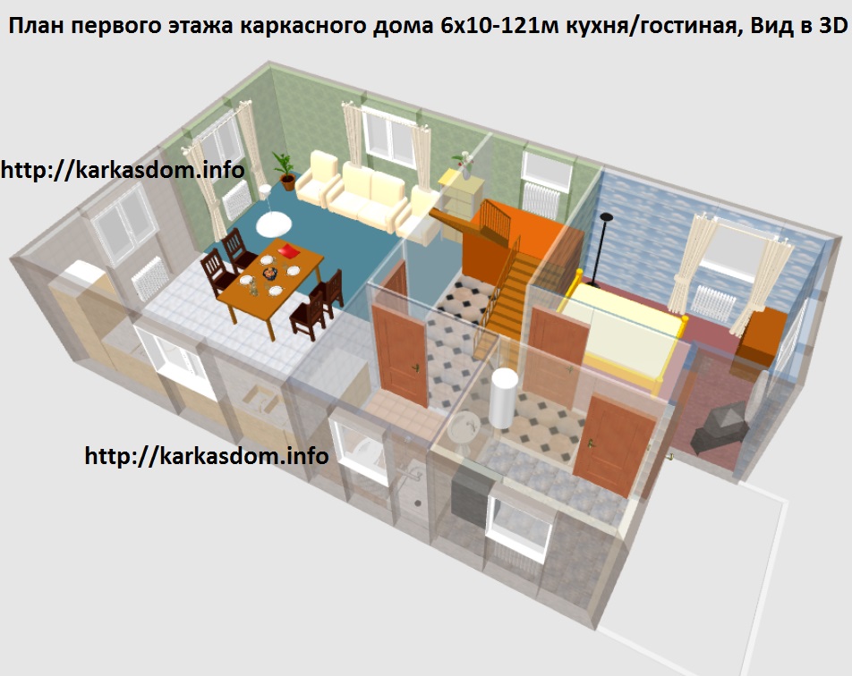 План первого этажа каркасного дома 6х10,5м 121м/кв Кухня/гостинная, Вид в 3D
