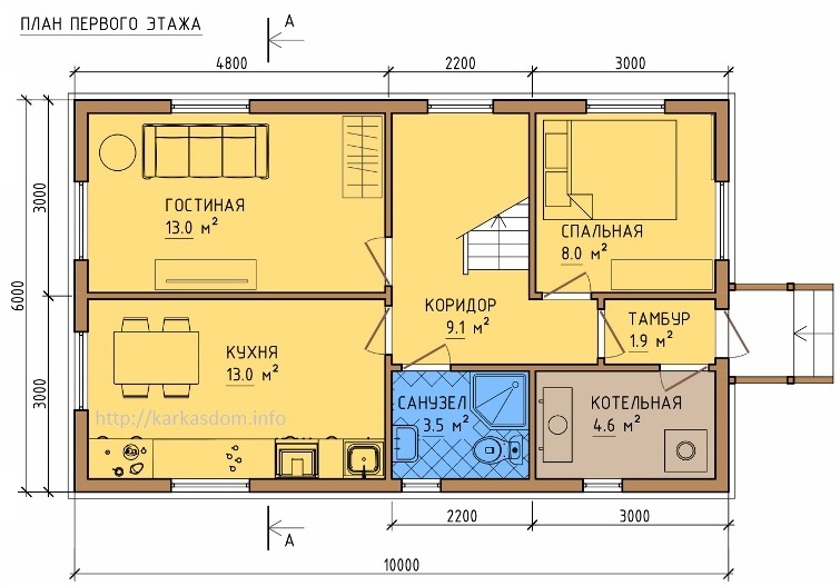 План первого этажа каркасного дома 6х10м 120м