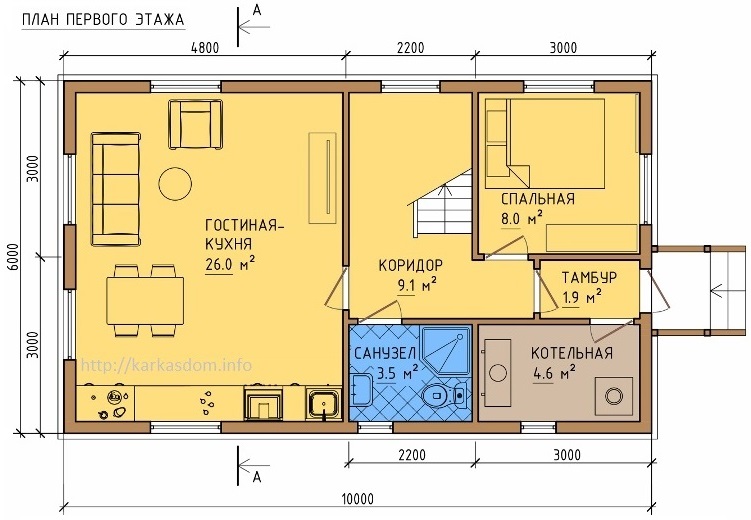 План первого этажа каркасного дома 6х10м 120м/кв Кухня/гостиная