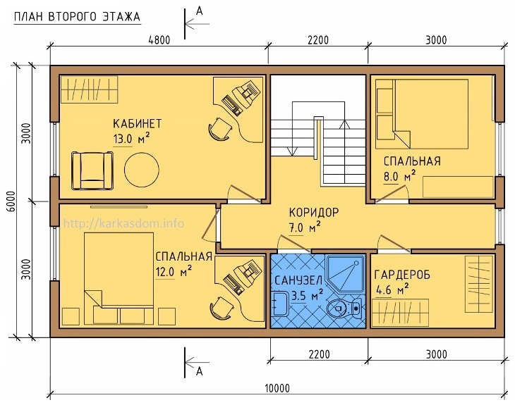 План второго этажа каркасного дома 6х10м 120м/кв, Вид в 3D