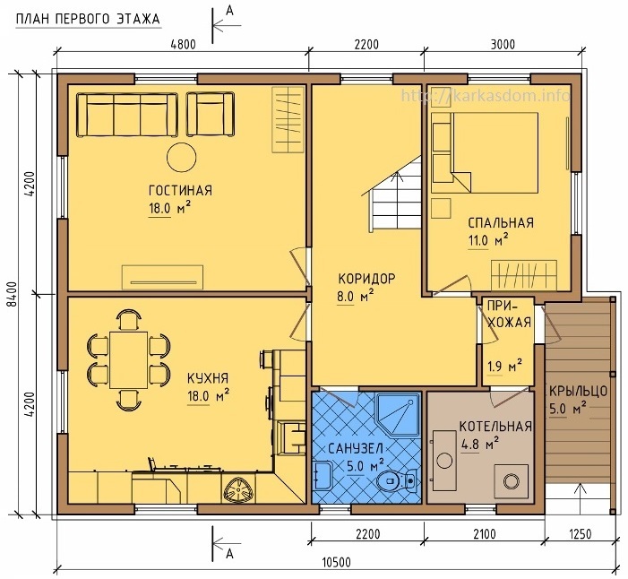 План первого этажа каркасного дома 8,4х10,5 172м