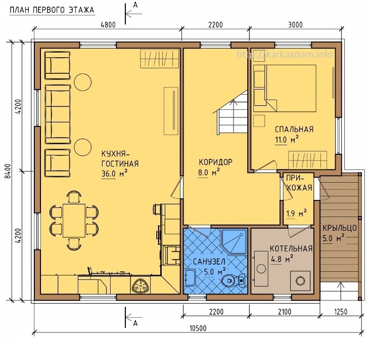 План первого этажа каркасного дома 8,5х10,5м 172м/кв Кухня/гостиная
