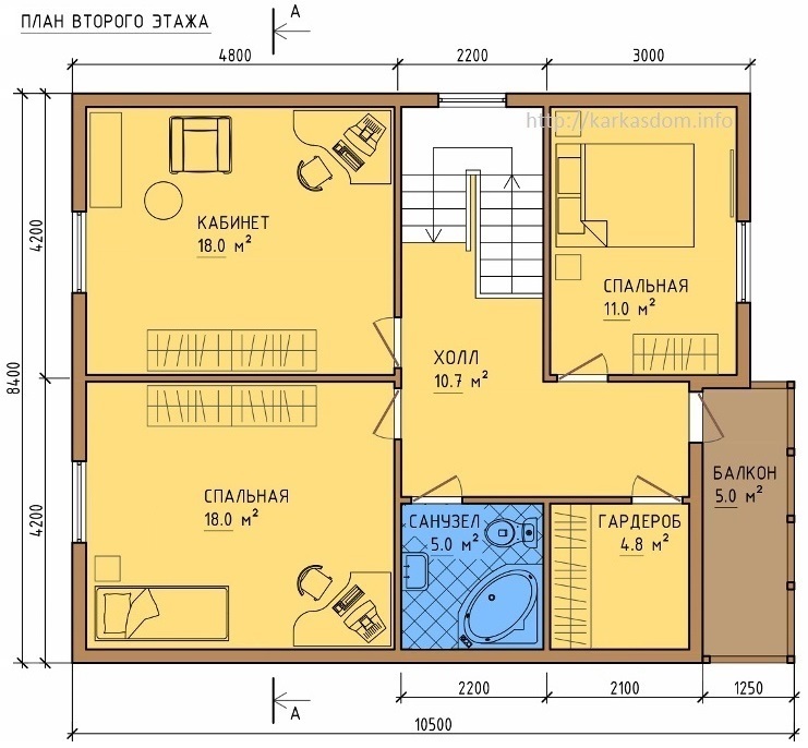 План второго этажа каркасного дома 8,5х10,5м 172м/кв, Вид в 3D