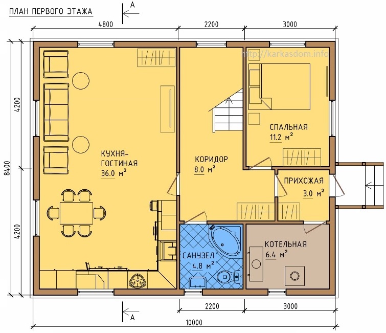 План первого этажа каркасного дома 8,5х10м 168м/кв Кухня/гостиная