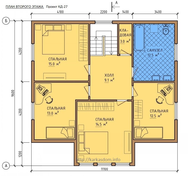 План второго этажа каркасного дома 8,4х11 195м/кв