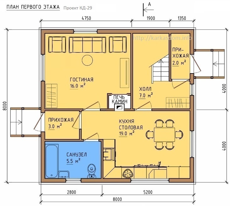 План первого этажа каркасного дома 8х8м 148м