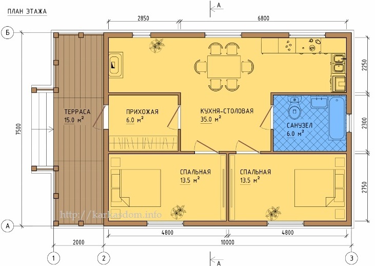 Проект КД-3, План одноэтажного каркасного дома 7,5х12м 90м