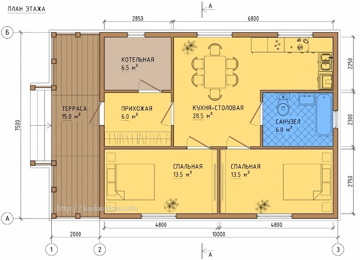 План каркасного дома 7,5х12м 90м/кв, вариант с котельной
