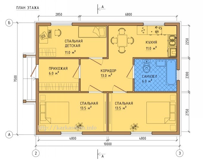 План каркасного дома 75м/кв в один этаж 7,5х10м, вариант 3 комнаты