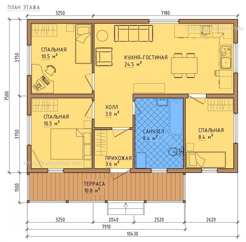 План каркасного дома 78м/кв в один этаж 7,5х10,5м, стандартный вариант.