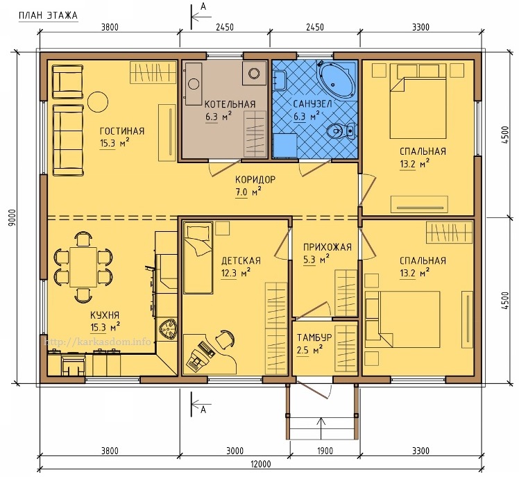 План каркасного дома 9х12м 108м/кв, стандартный вариант.