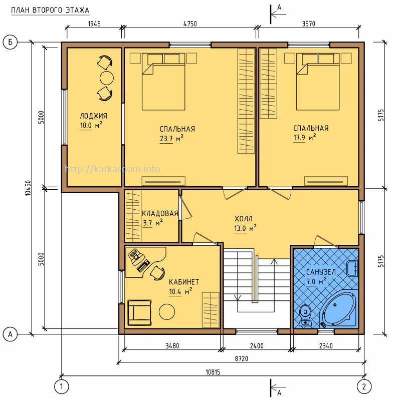 План второго этажа каркасного дома 10,5х13м 192м/кв