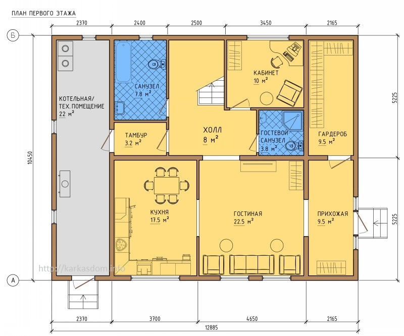 План первого этажа каркасного дома 10,5х13м 242м/кв