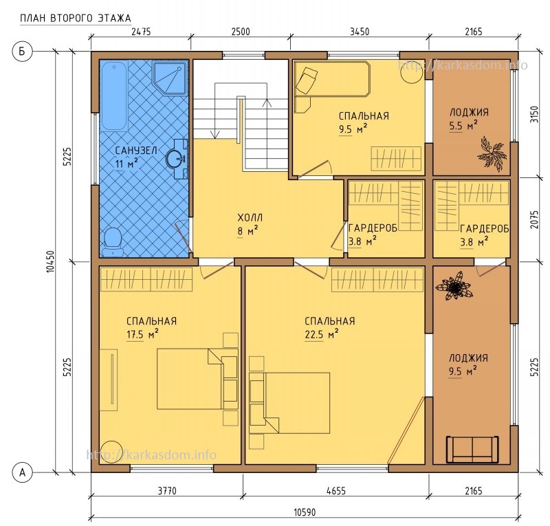 План второго этажа каркасного дома 10,5х13м 242м/кв